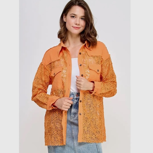 Orange Lace Button-Up Women's Top - Picture 1 of 1